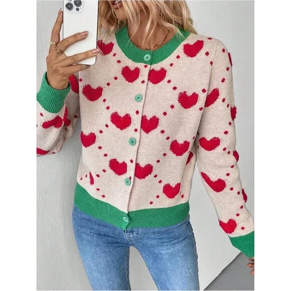 Women's Color Block Heart Cardigan Knit Long Sleeve Button Down Fall Sweater